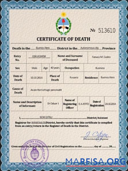 Downloadable Argentina death certificate PSD template